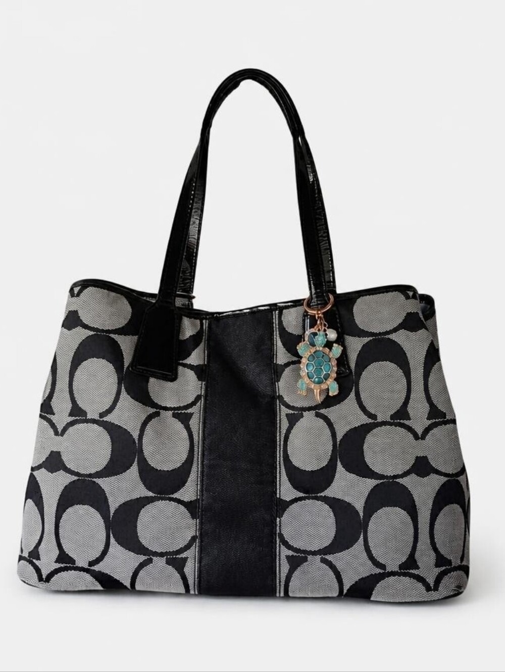 Coach Black and Gray Signature Tote with Kiss Lock Closure